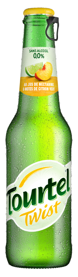 Bouteille de bière sans alcool de marque Tourtel Twist, saveur nectarine et citron vert.