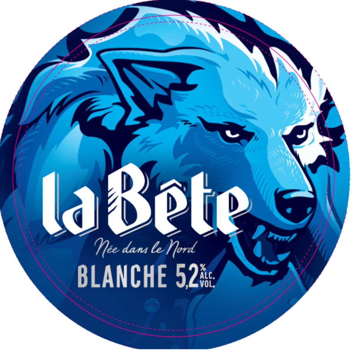 Étiquette de bière "la Bête" avec un dessin de loup bleu sur fond bleu, indiquant une bière blanche avec 5,2 % d'alcool par volume.