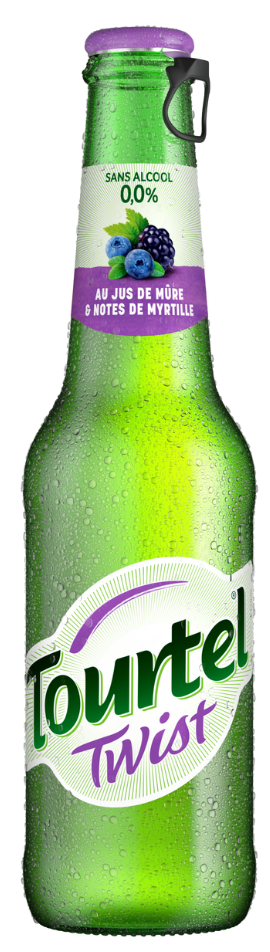 Bouteille de bière sans alcool Tourtel Twist, au jus de mûre et notes de myrtille.