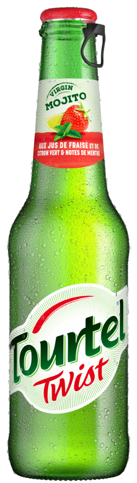 Bouteille de bière Tourtel Twist Virgin Mojito, ornée de gouttelettes, avec des jus de fraise et citron vert aux notes de menthe.