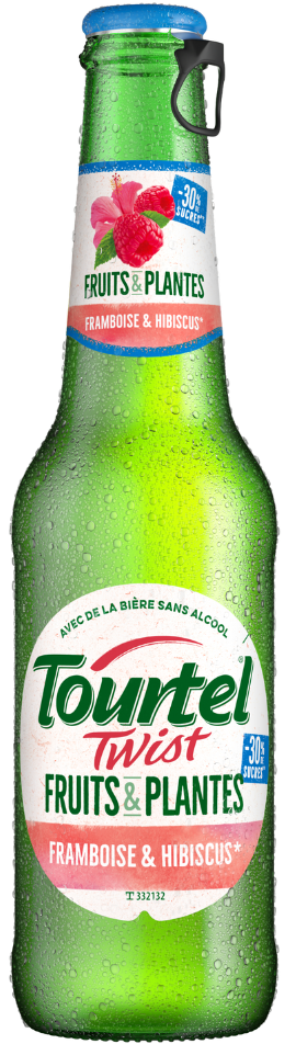 Bouteille de bière sans alcool Tourtel Twist, saveur framboise et hibiscus, avec étiquettes colorées.