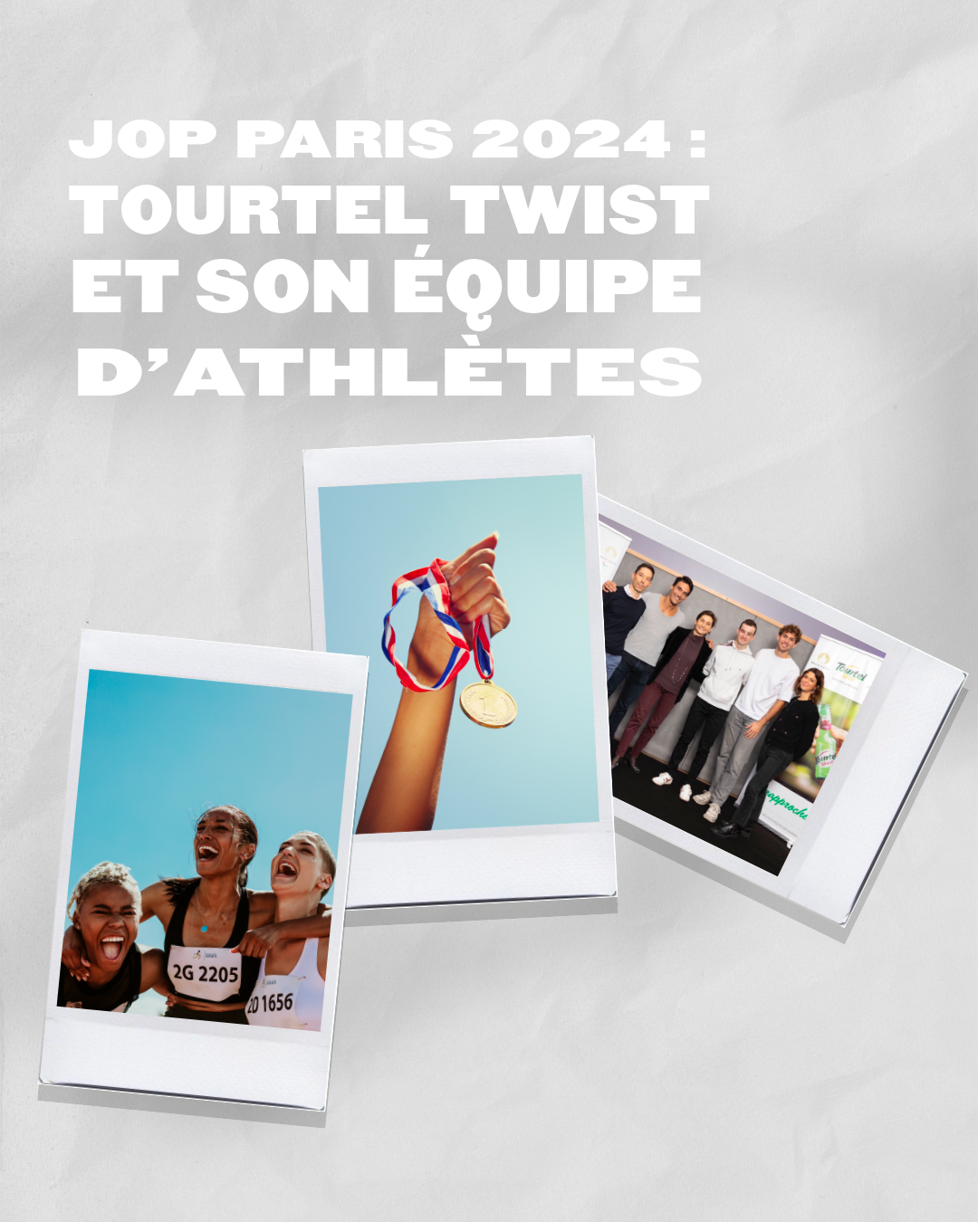 Photos de Tourtel Twist associées aux JOP Paris 2024, incluant des athlètes et une médaille.