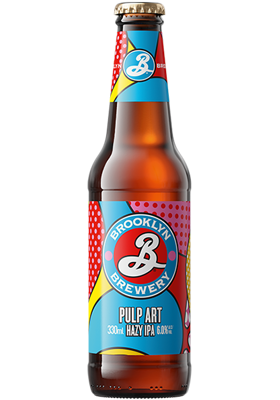 Bouteille de bière de la marque Brooklyn Brewery, variété Pulp Art Hazy IPA, affichant une étiquette colorée et artistique.