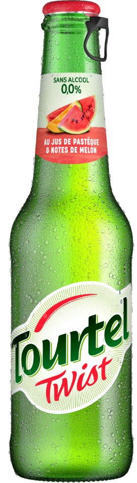 Bouteille de bière sans alcool Tourtel Twist au jus de pastèque et notes de melon, avec une capsule rouge.