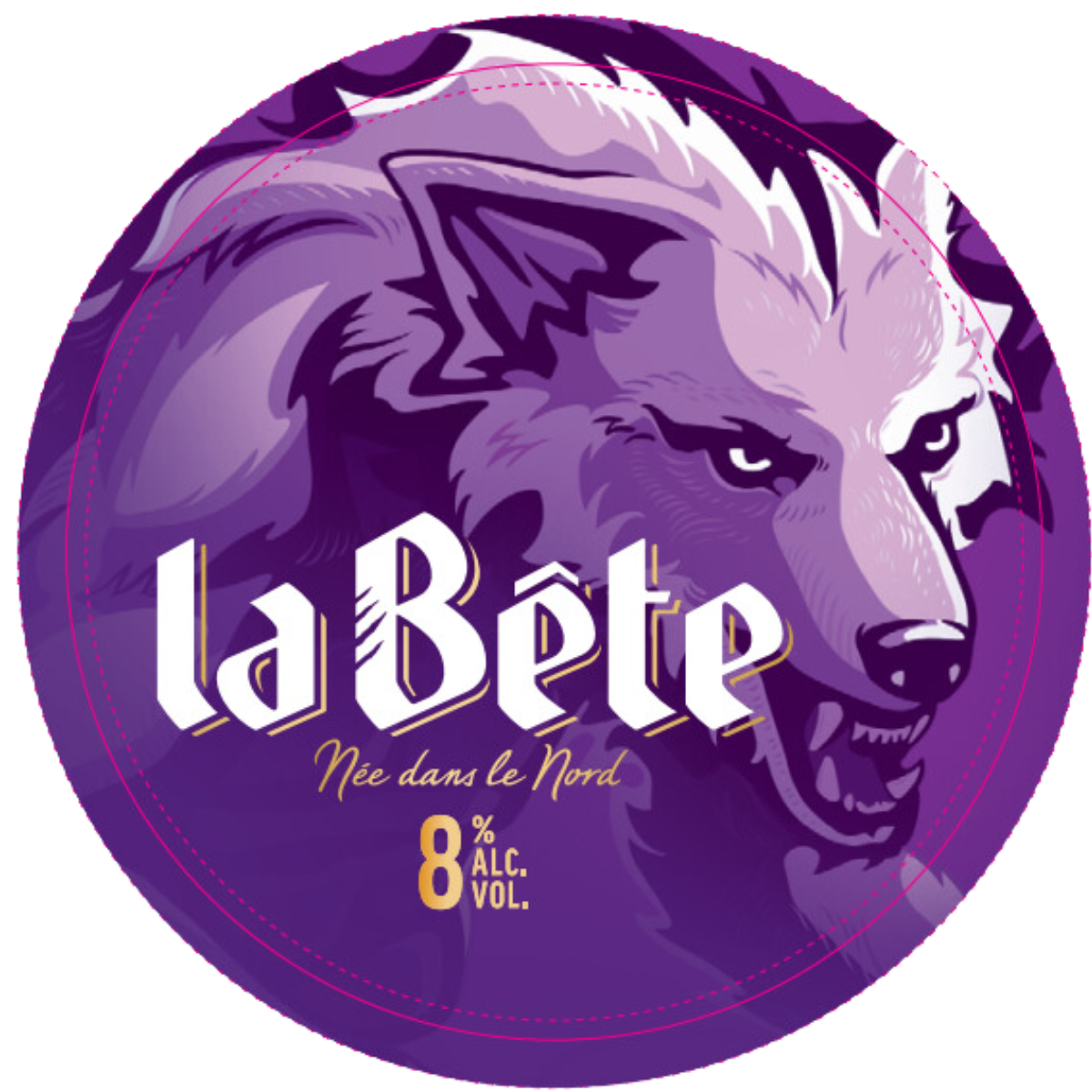 Étiquette de bière "la Bête" avec un design de loup féroce sur fond violet, indiquant un taux d’alcool de 8%.