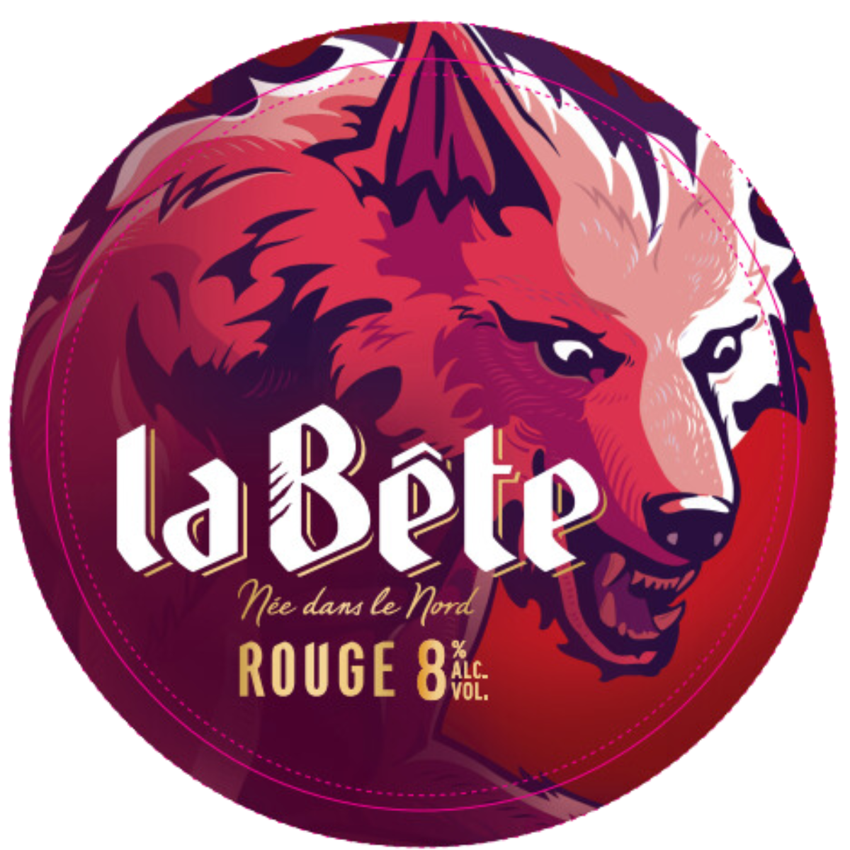 Étiquette de bière "La Bête", illustrée d'un loup rouge vif, et indiquant "Rouge 8% Alc. Vol.".