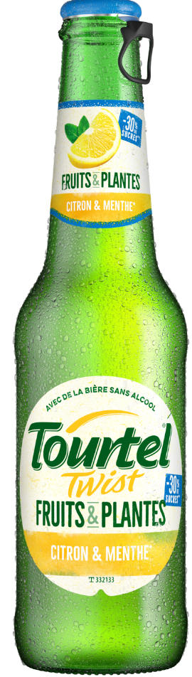 Bouteille de bière sans alcool Tourtel Twist, goût citron et menthe, avec une étiquette verte et bleue.