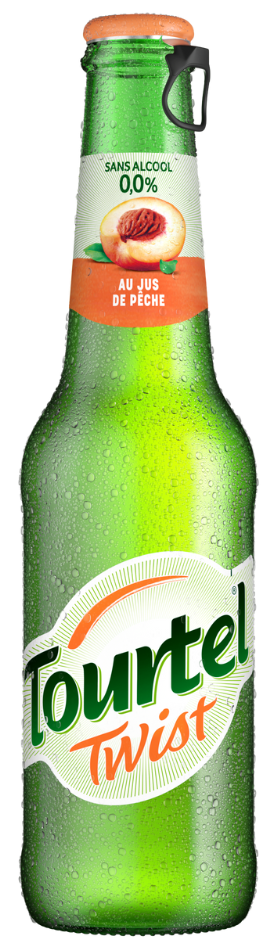 Bouteille de bière sans alcool Tourtel Twist, au jus de pêche.